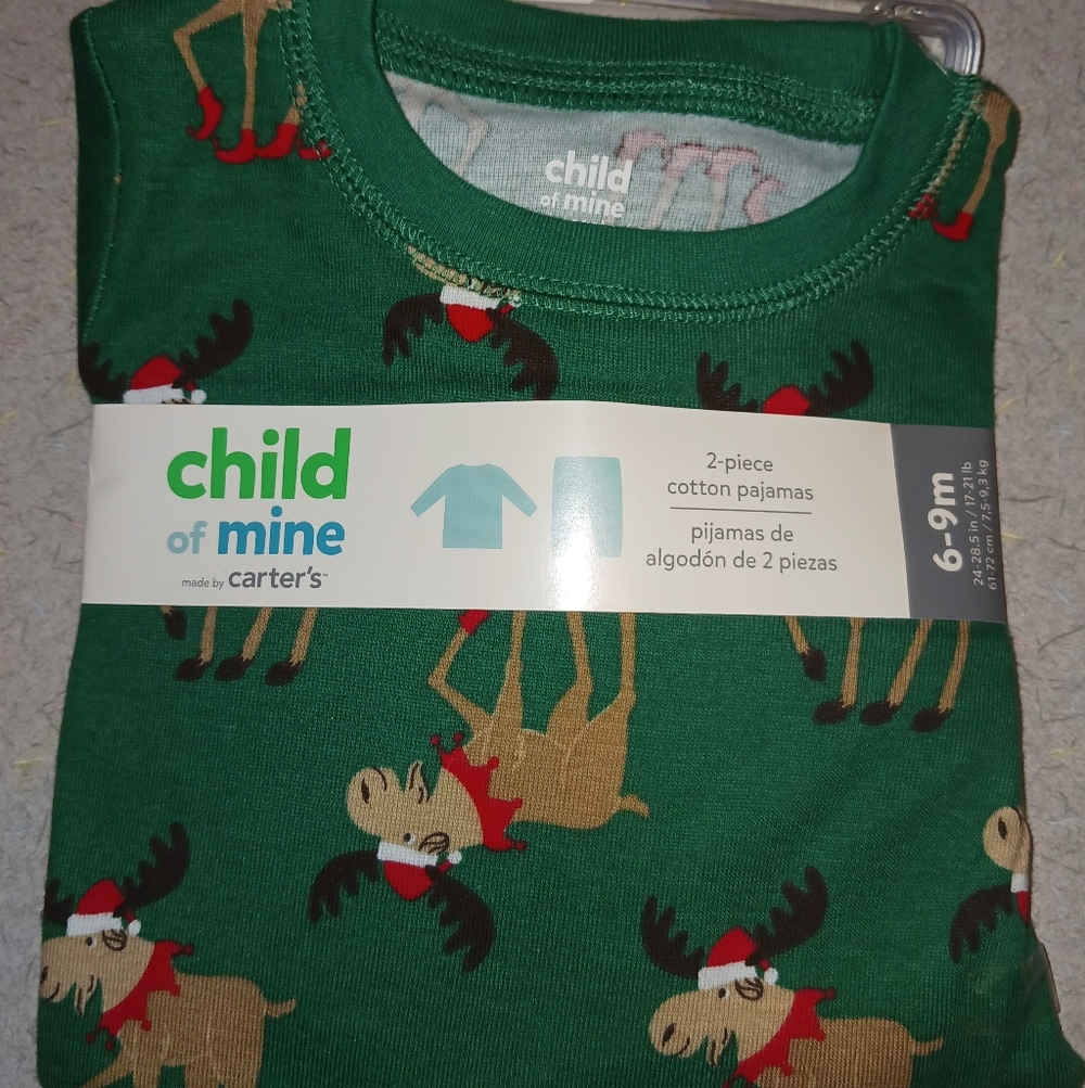 Child of Mine Green Christmas Moose Print Pajamas 6-9 Months